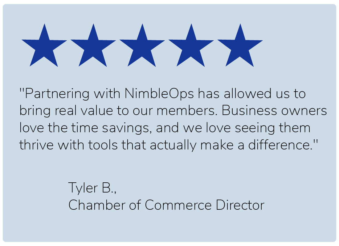 "Partnering with NimbleOps has allowed us to bring real value to our members. Business owners love the time savings, and we love seeing them thrive with tools that actually make a difference." — Tyler B., Chamber of Commerce Director