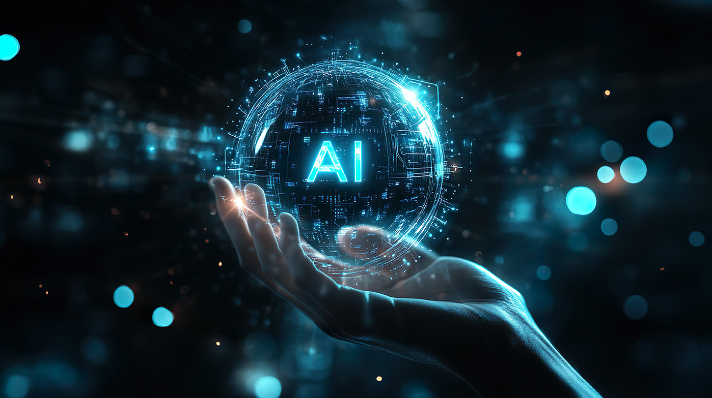A glowing digital sphere with the letters "AI" floating above a hand, symbolizing artificial intelligence technology.