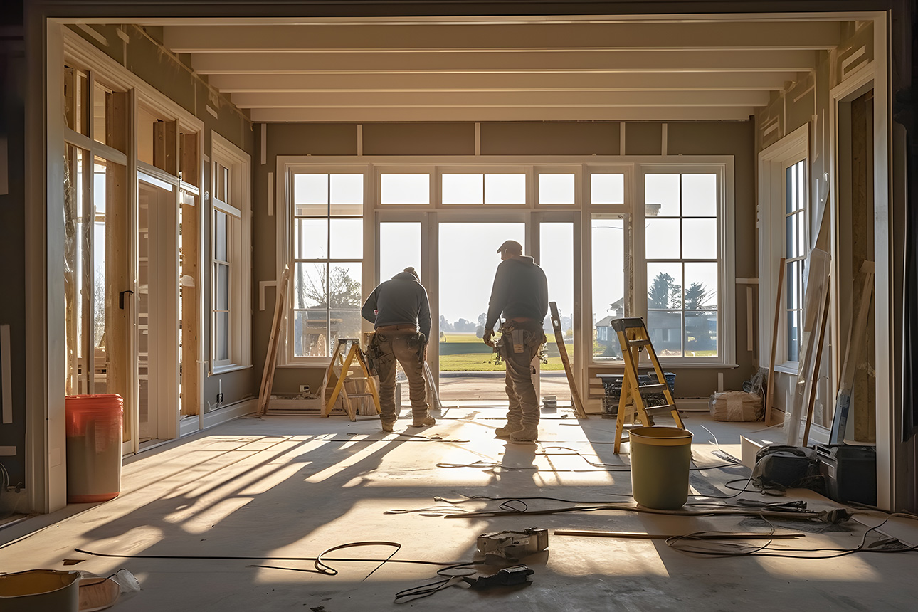 Two construction workers installing materials inside a house under renovation, with tools and ladders around.
